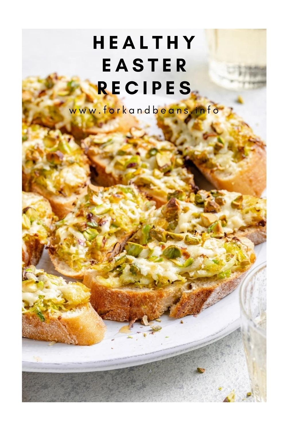 White Cheddar Brussels Sprouts & Pistachio Crostini with Hot Honey